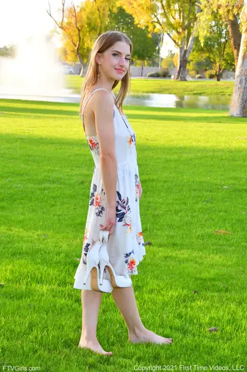 Octavia Red – Slim Blonde Amateur Flashes Her Big Tits Outdoors in a Skirt