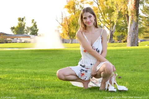 Octavia Red: Slim Blonde Amateur Flashes Her Big Tits Outdoors in a Skirt – photo 4 of 20