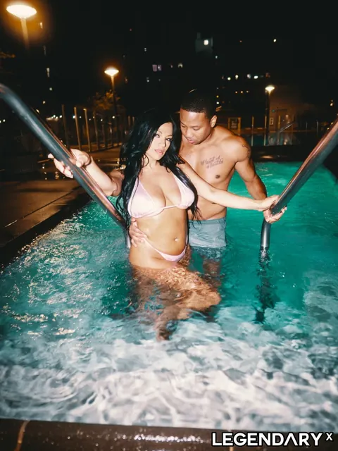 Mona Azar: Brunette PAWG in a Bikini and Shorts Has Interracial Pool Sex – photo 11 of 15