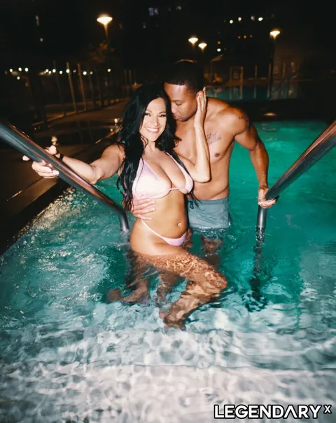 Mona Azar: Brunette PAWG in a Bikini and Shorts Has Interracial Pool Sex – photo 13 of 15