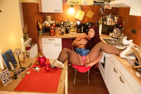 CORA KITTY: European Brunette in Fishnets Masturbates with a Dildo – photo 12 of 17