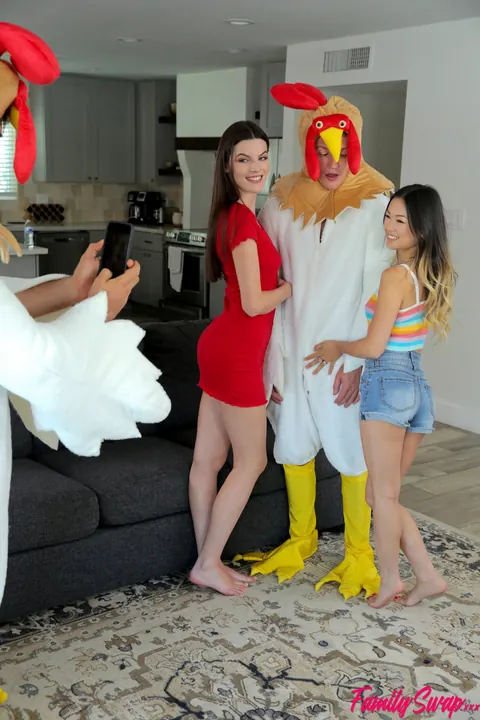 Fiona Frost & Lulu Chu: Slim Asian Babe in Chicken Costume Sucks Cock – photo 3 of 16