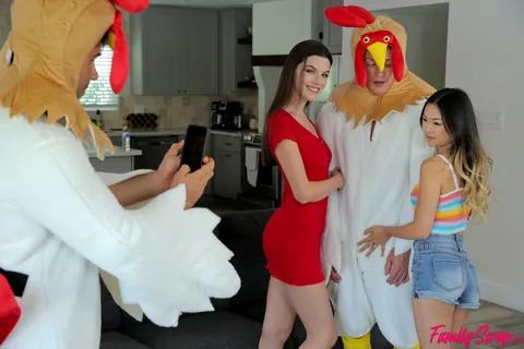 Fiona Frost & Lulu Chu: Slim Asian Babe in Chicken Costume Sucks Cock – photo 2 of 16
