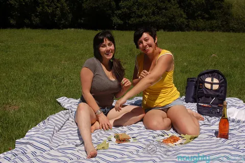 Nikki Silver: Busty Hairy Brunette Embraces Her Partner Nude at a Picnic – photo 1 of 21