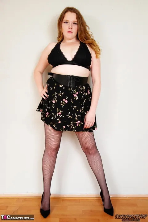 Rachel Rose: Latina BBW in a Skirt and Stockings Pulls Top Down to Bare Her Small Tits – photo 7 of 16