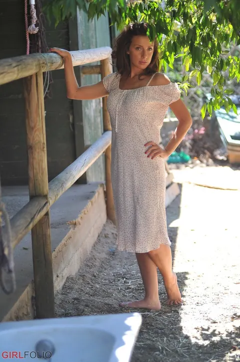 Brunette with Big Tits Strips Out of Her Skirt at the Stables – photo 3 of 12