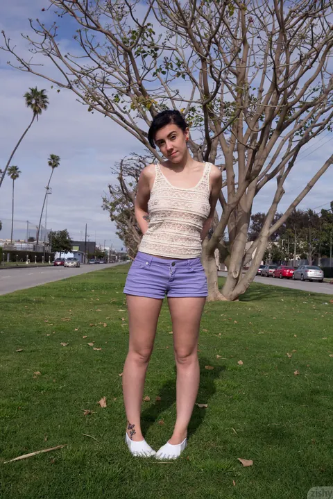 Aysha Thoen: Petite Brunette in Shorts Flashes Her Big Tits in Public Park – photo 12 of 12
