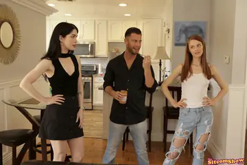 Jillian Janson – Slim Brunettes in Cosplay Skirt and Jeans Ride and Kiss in a Threesome