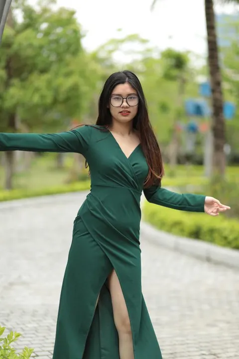 Petite Asian Brunette Poses in a Dress and Glasses Outdoors – photo 3 of 21