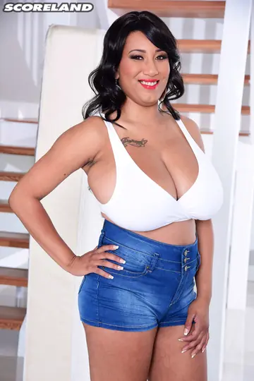 Ebony Brunette with Big Natural Tits Takes Two Men in a Threesome