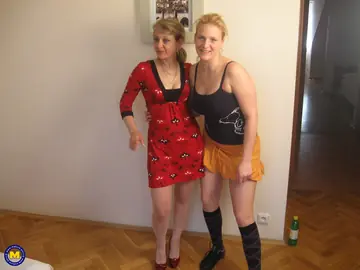 Thick Mature Lesbians Finger and Lick Each Other in Skirts