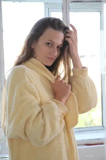 Tall European Brunette Drops Her Robe and Spreads in the Bedroom