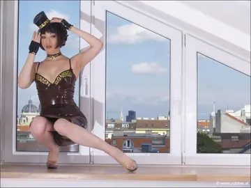 Thick Asian Brunette Poses in Latex and Leather with High Heels