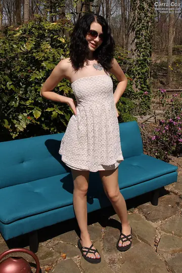 Thick Brunette in a Skirt Spreads Her Legs and Fists Her Pussy on the Patio