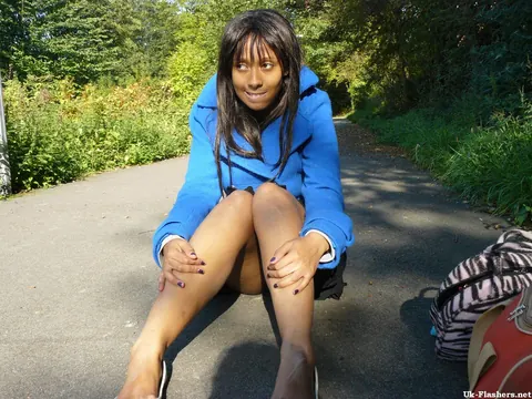 Ebony Babe with Big Tits Fingers Her Hairy Pussy on a Roadway – photo 13 of 16