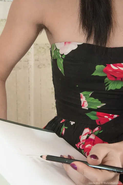 Gerda Bee: Slim Brunette in Pigtails Fingers Her Hairy Pussy in Heels – photo 2 of 21