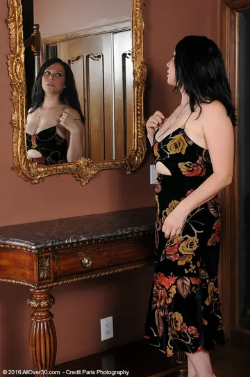 Thick Brunette MILF with Big Tits Spreads in Front of a Mirror