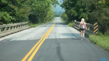 Skinny Brunette Hitchhiker Gives Outdoor Blowjob and Takes a Facial