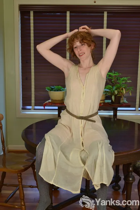 Slim Redhead Amateur Rubs Her Clit and Uses a Dildo on the Table – photo 1 of 17