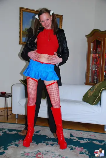 Skinny European Blonde in Red Fishnets Sucks and Rides Anal
