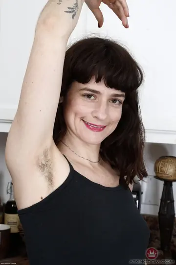 Brunette with Natural Tits and Hairy Armpits Pulls Panties Aside