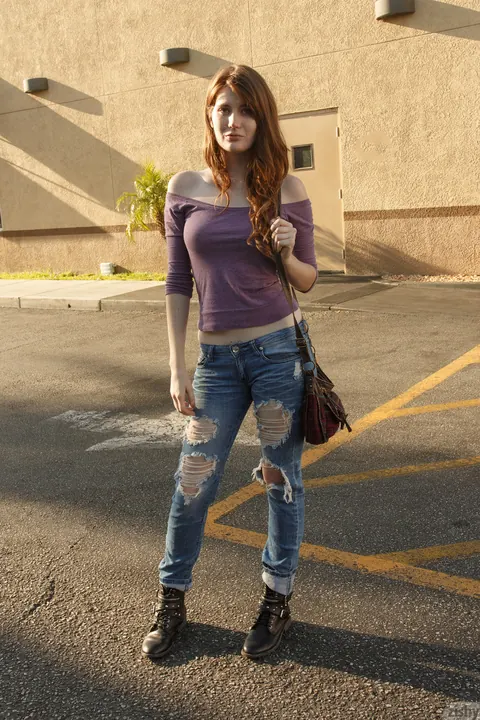 Zoe Fletcher: Redhead in a Skirt Over Jeans Flashes Her Panties Outdoors – photo 10 of 11