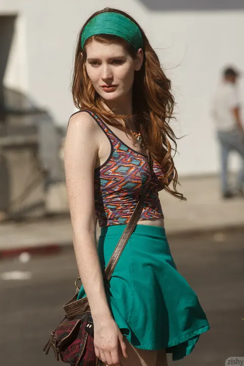 Zoe Fletcher: Redhead in a Skirt Over Jeans Flashes Her Panties Outdoors – photo 1 of 11