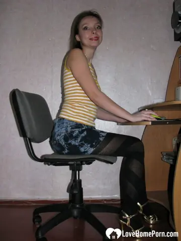 Brunette MILF Undresses at Her Desk and Shows Her Hairy Bush