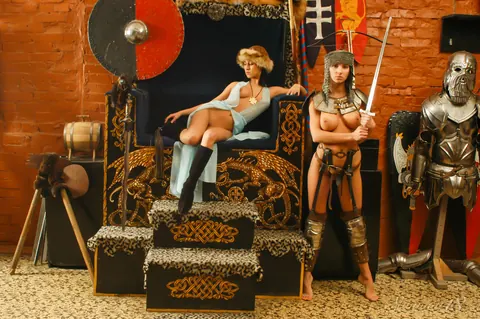 Two Busty Brunettes in Medieval Costumes and Boots Spread Wide – photo 5 of 16