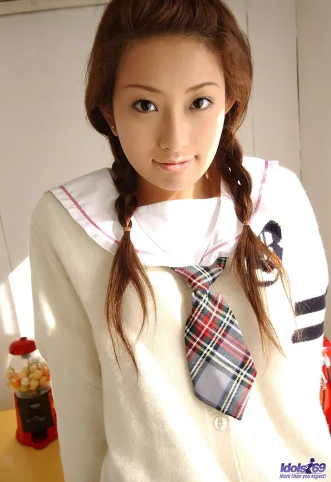 Nao Yoshizaki: Busty Japanese Brunette in Pigtails Pulls Down Her Panties to Show Her Bush – photo 5 of 16