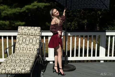Aria Banks: Blonde in a Skirt and Heels Spreads for a Dildo Outdoors – photo 3 of 16