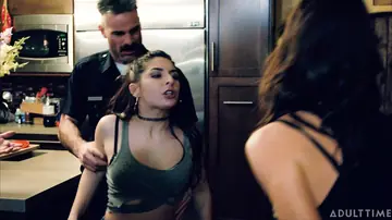 Silvia Saige – Two European Brunettes Undress for a Cop Threesome