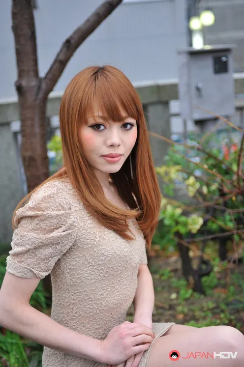 Japanese Redhead Flashes Her Legs in a Short Dress Outdoors – photo 11 of 15