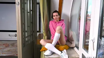 Skinny European Brunette Strips Out of Her Panties and Socks