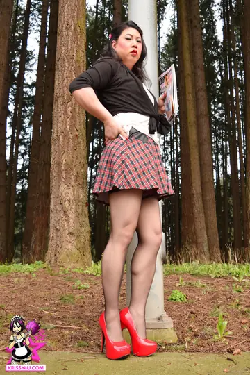 Curvy Asian Trans Woman Strips to Stockings and Heels