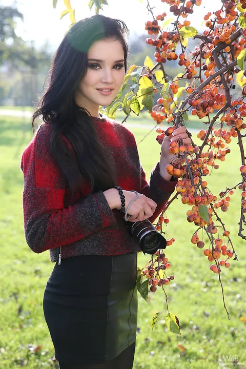 Malena Fendi: Brunette Asian Model Poses in Pantyhose and Skirt Outdoors – photo 7 of 16