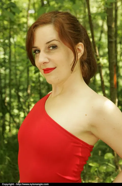 Dirty Angie: Curvy Redhead MILF Strips Off Her Red Dress Outdoors in Tan Nylons – photo 2 of 12