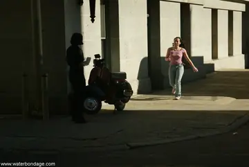 Asian Brunette in Glasses Bound by Police Officer Outdoors