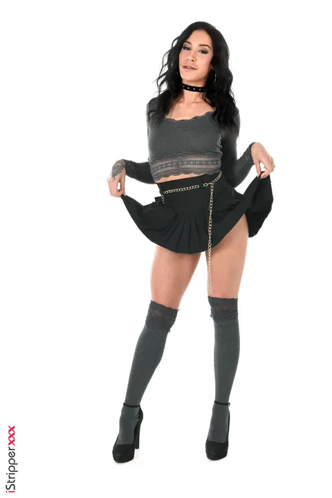 Lola Bellucci: Brunette Strips Out of Her Skirt and Socks in Heels – photo 1 of 15