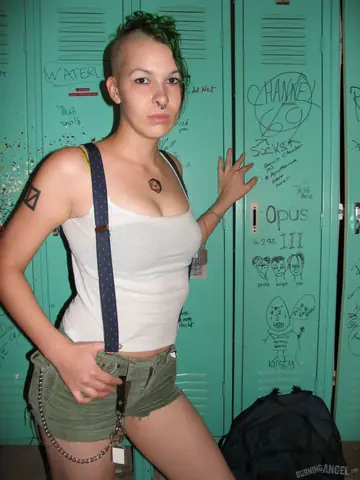 Tall Tattooed Fetish Model Spreads Naked in the Locker Room