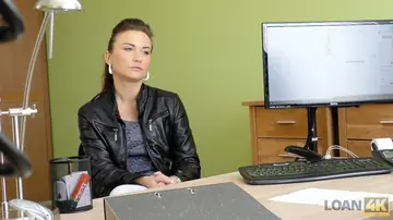 Brunette in Lingerie and Leather Sucks and Fucks in the Office