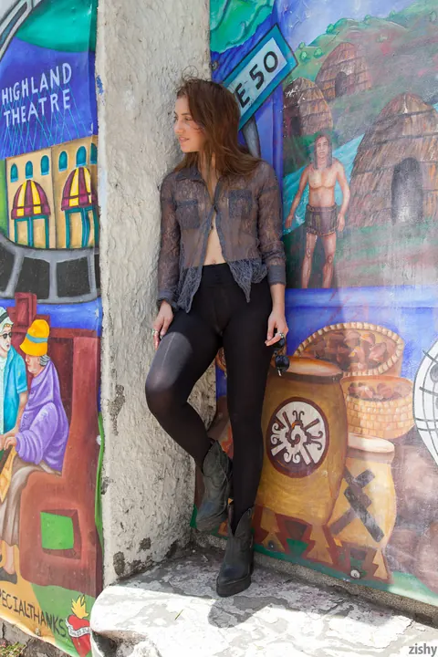 Koya Ward: Slim Brunette Stretches Outdoors in Shiny Pantyhose and Boots – photo 1 of 11