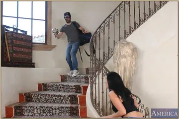 Thick Brunette MILF Takes Anal on the Stairs and Swallows