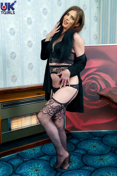Brunette Trans Woman Masturbates with a Dildo in Lingerie – photo 1 of 16