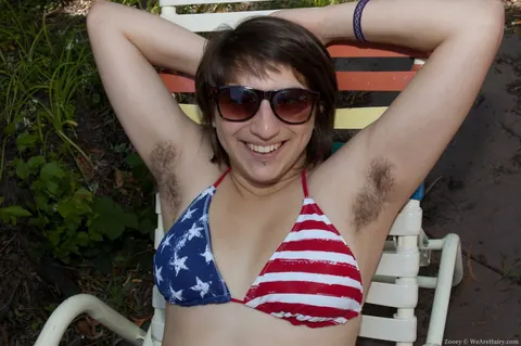 Zooey: Busty Short-Haired Brunette in a Bikini Spreads Her Hairy Pussy Outdoors – photo 2 of 21
