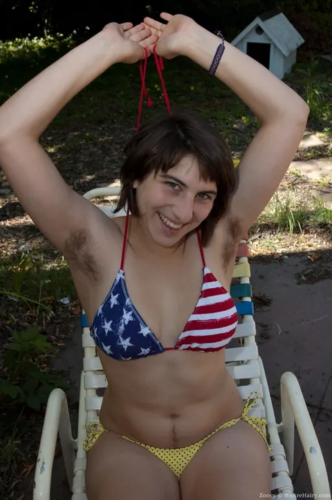 Zooey: Busty Short-Haired Brunette in a Bikini Spreads Her Hairy Pussy Outdoors – photo 4 of 21