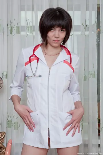 Skinny Brunette Nurse Toys Her Hairy Pussy