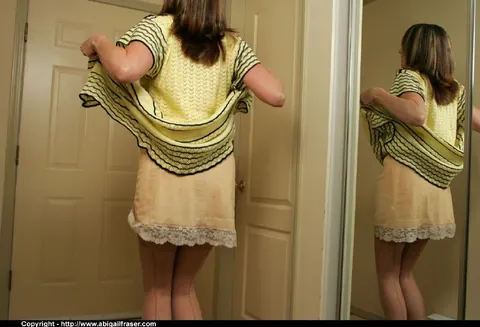 Abigail Fraser: Redhead MILF Teases in Lingerie and Stockings at the Mirror – photo 4 of 12