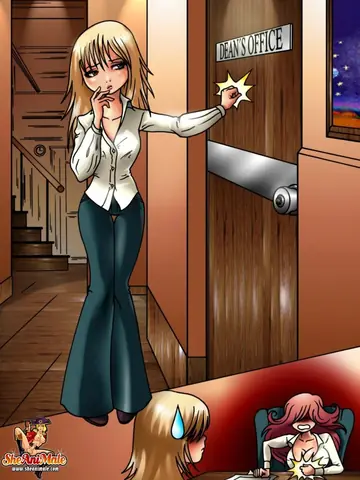 Blonde Bends Over Desk for Trans Woman in the Office