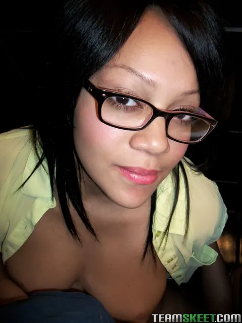 Krista Fox: Black Brunette with Big Tits and Glasses Spreads in the Bathroom – photo 12 of 16